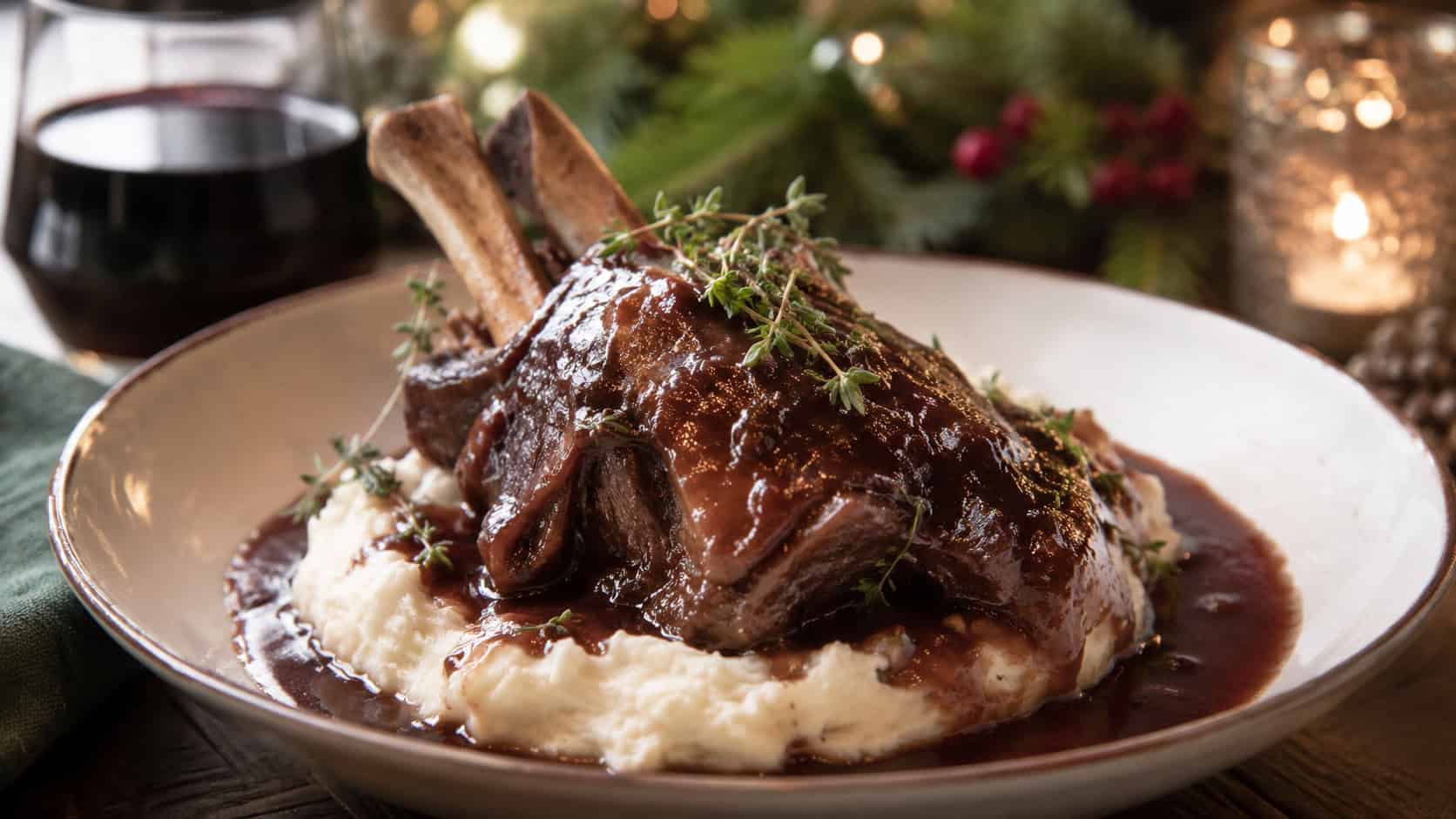 garlic-thyme braised lamb shanks in a wide horizontal shot, served over creamy mashed potatoes with rich red wine sauce and thyme in a shallow bowl on a cozy holiday table, natural light, shallow depth of field, landscape orientation