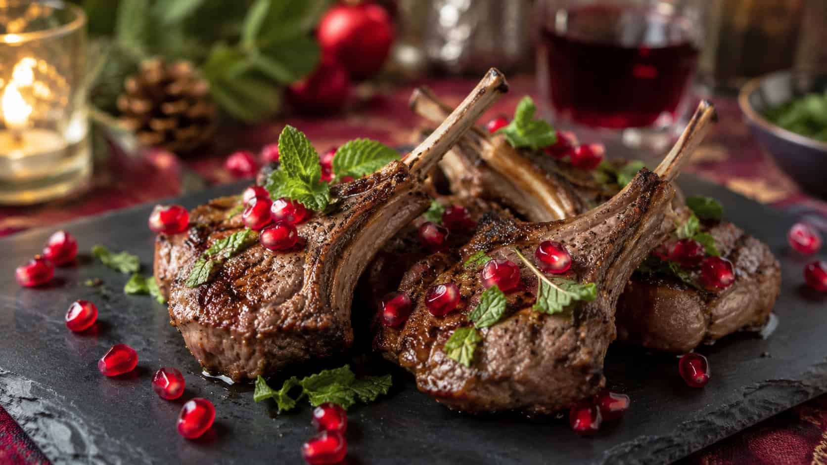 seared lamb chops topped with bright pomegranate seeds and fresh mint in a wide horizontal shot, plated on a dark slate board with a scattering of ruby seeds on a festive table, natural light, shallow depth of field, landscape orientation