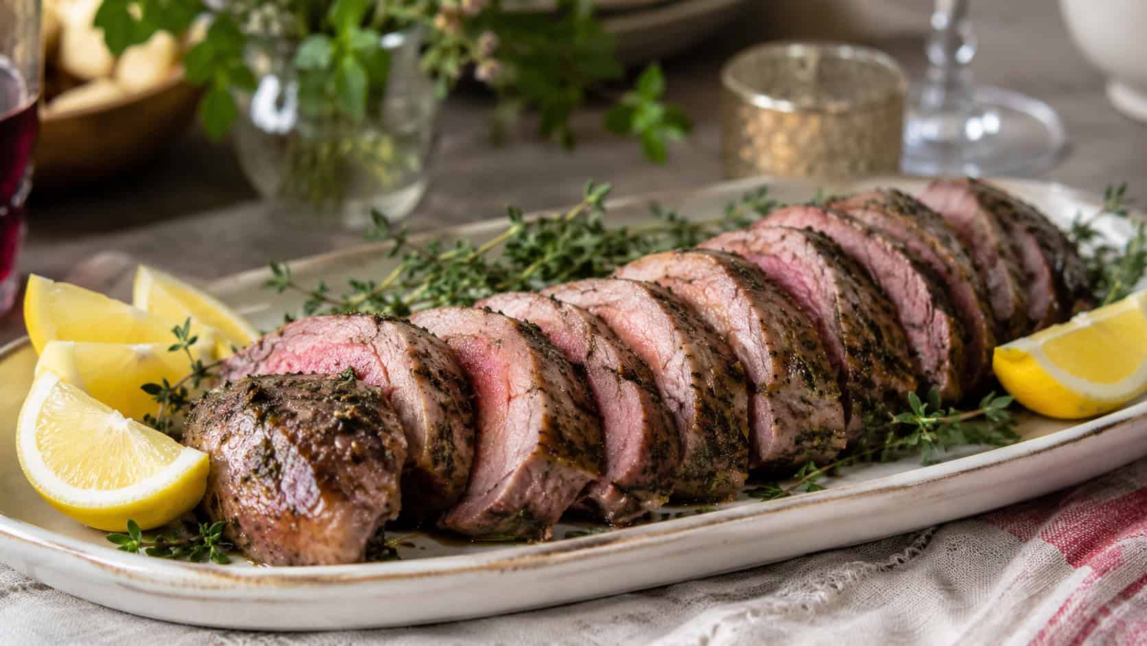 sliced herb-marinated lamb loin medallions in a wide horizontal shot, fanned across a cream ceramic platter with fresh thyme and lemon wedges on a linen-draped holiday table, natural light, shallow depth of field, landscape orientation