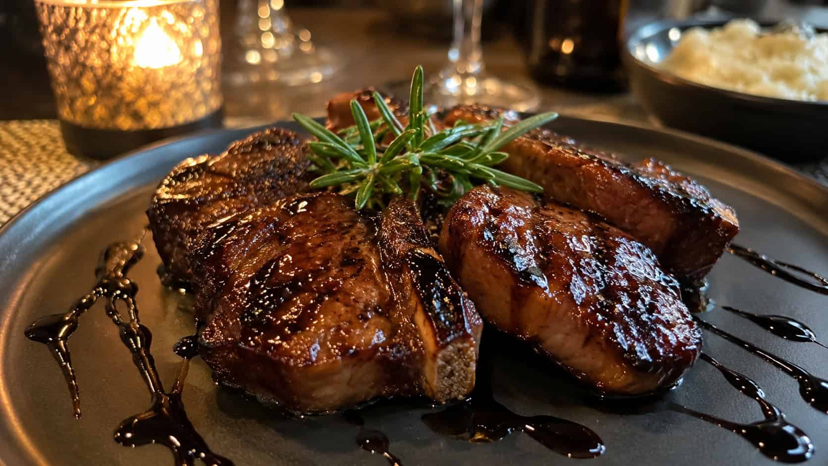 glossy honey-balsamic glazed lamb steaks in a wide horizontal shot, plated on a dark dinner plate with a drizzle of dark glaze and rosemary garnish on a candlelit table, natural light, shallow depth of field, landscape orientation