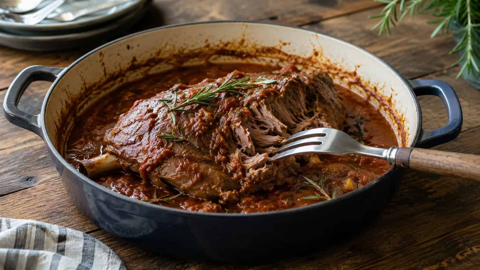 fork-tender Tuscan braised lamb leg in a wide horizontal shot, resting in a rustic enamel Dutch oven with rich tomato sauce and rosemary on a farmhouse table, natural light, shallow depth of field, landscape orientation