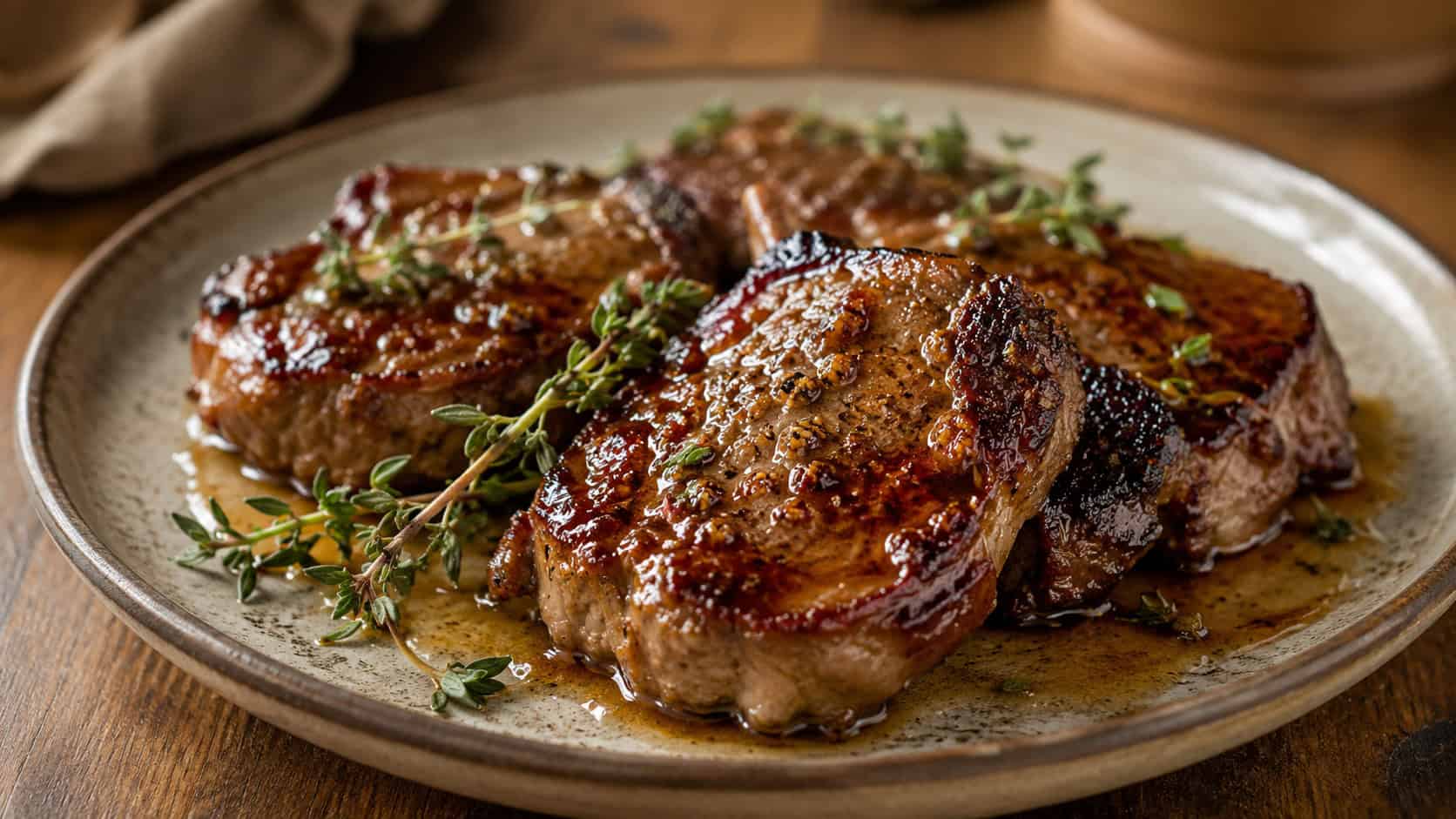 maple-Dijon glazed lamb steaks with a caramelized golden surface in a wide horizontal shot, plated on a stoneware dish with thyme sprigs on a warm wooden table, natural light, shallow depth of field, landscape orientation