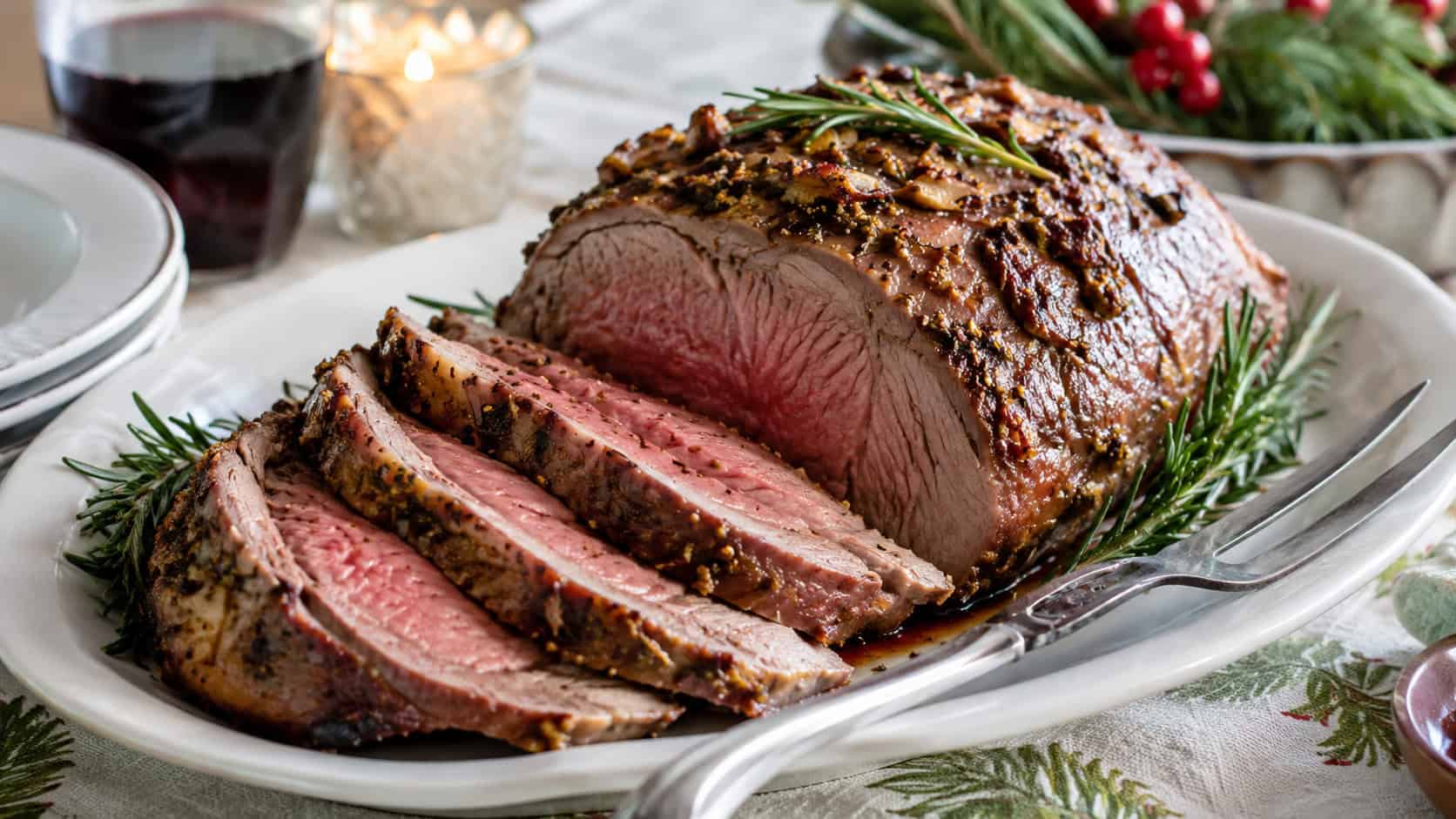 a sliced mustard-rosemary lamb roast with a rosy pink center in a wide horizontal shot, arranged on a white serving platter with rosemary and a carving fork on an elegant holiday table, natural light, shallow depth of field, landscape orientation