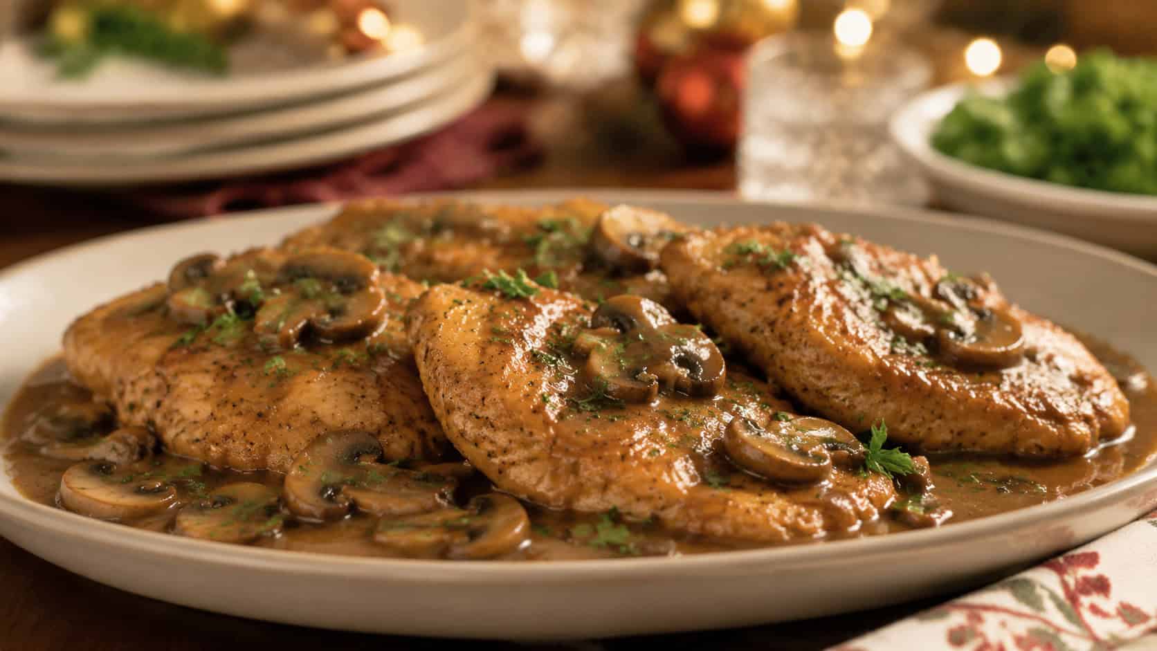 chicken Marsala with mushrooms on a plate in a wide horizontal shot, glossy brown sauce over golden cutlets, fresh parsley garnish, on a cozy holiday table, warm natural light, shallow depth of field, landscape orientation