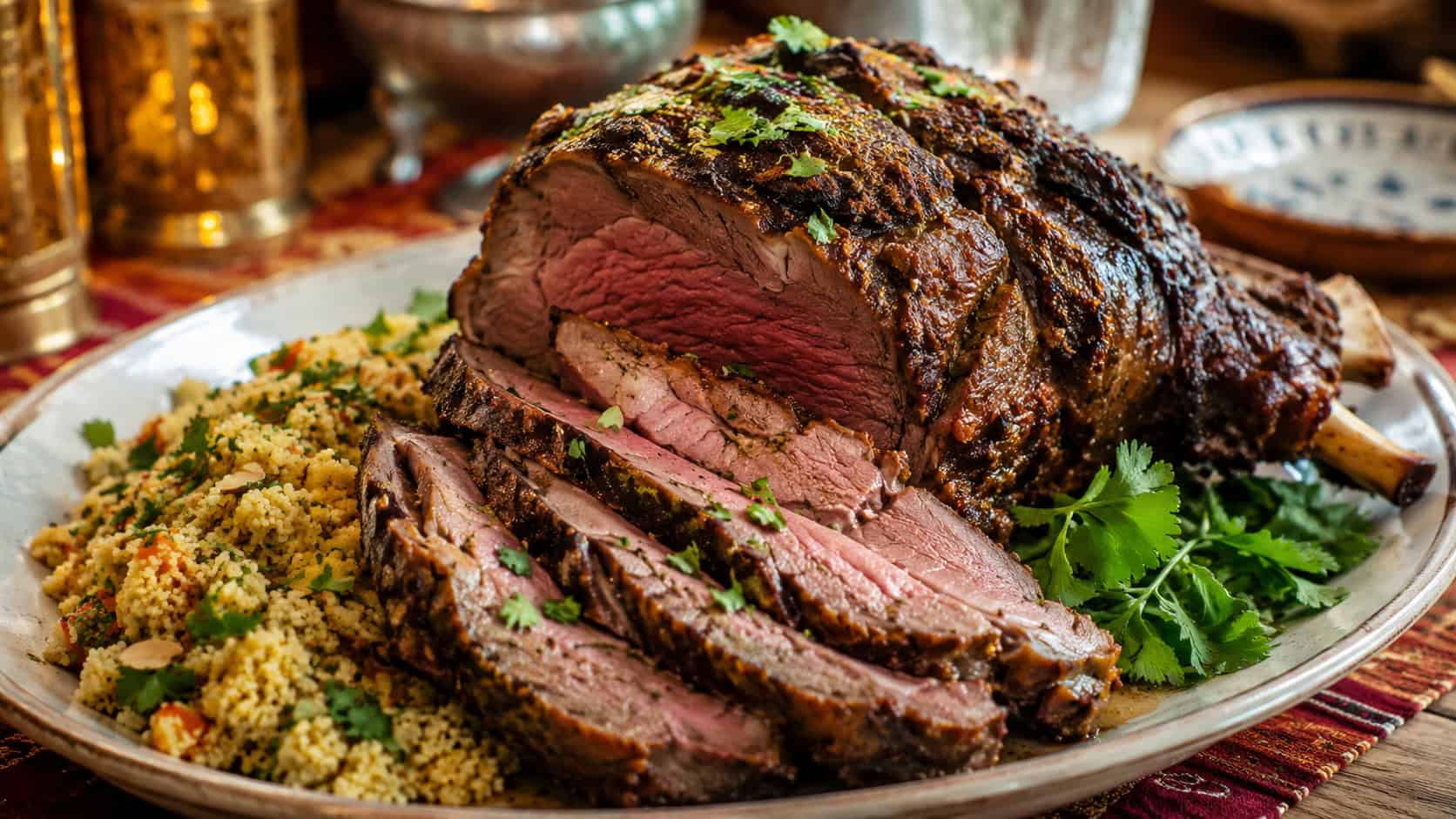 sliced Moroccan spiced leg of lamb on a platter in a wide horizontal shot, deeply spiced crust and rosy interior, fresh cilantro and couscous alongside, on a warmly lit holiday table, natural light, shallow depth of field, landscape orientation