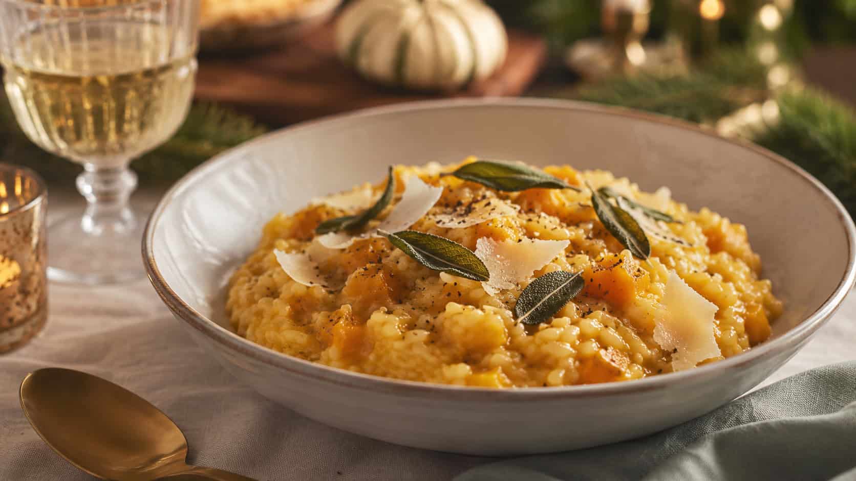butternut squash risotto in a shallow bowl in a wide horizontal shot, creamy golden grains with crisp sage leaves and shaved parmesan, on a cozy holiday table, warm natural light, shallow depth of field, landscape orientation