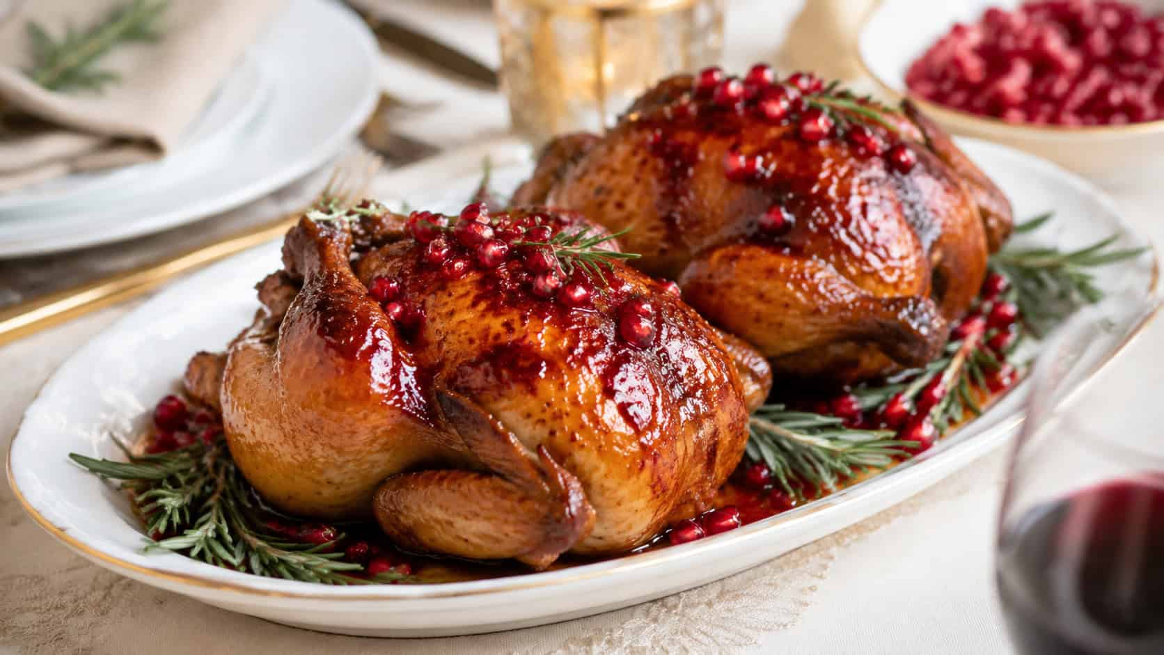 pomegranate-glazed Cornish hens on a platter in a wide horizontal shot, glossy ruby skin with scattered pomegranate seeds and rosemary, on an elegant holiday table, warm natural light, shallow depth of field, landscape orientation