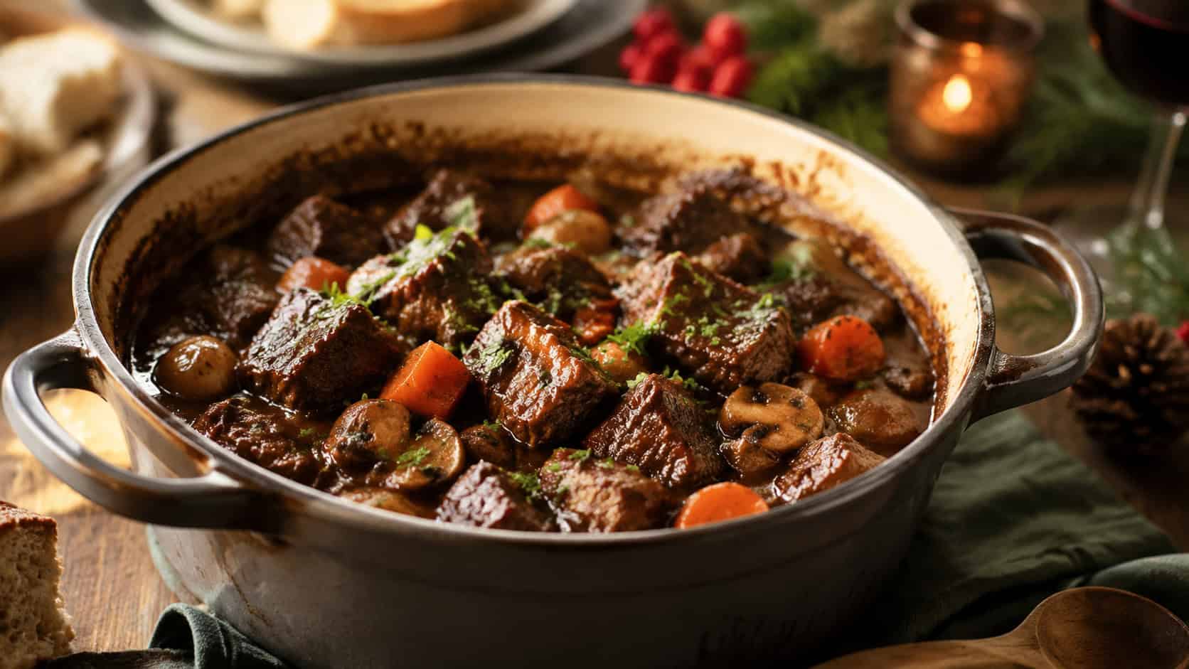 boeuf bourguignon in a rustic Dutch oven in a wide horizontal shot, glossy dark wine sauce with tender beef, mushrooms and carrots, fresh parsley garnish, on a cozy holiday table, warm natural light, shallow depth of field, landscape orientation
