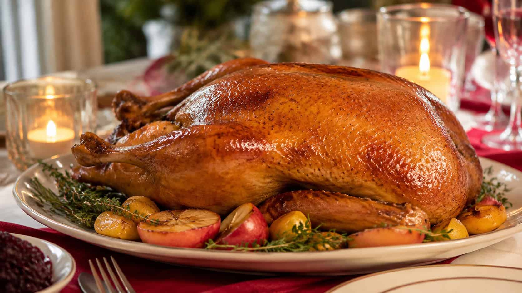 a roast Christmas goose on a platter in a wide horizontal shot, deeply golden crisp skin with apples and herbs alongside, on a festive holiday table with candles, warm natural light, shallow depth of field, landscape orientation