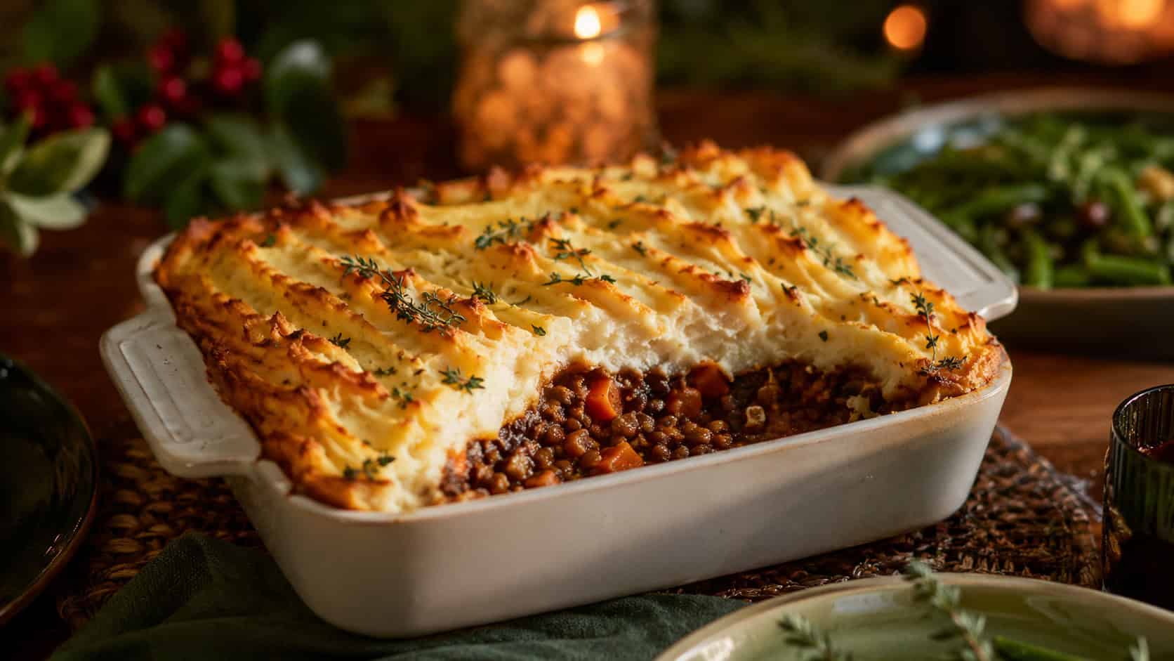 vegetarian lentil shepherd's pie in a baking dish in a wide horizontal shot, golden ruffled mashed potato top with one scoop removed showing the filling, fresh thyme garnish, on a cozy holiday table, warm natural light, shallow depth of field, landscape orientation