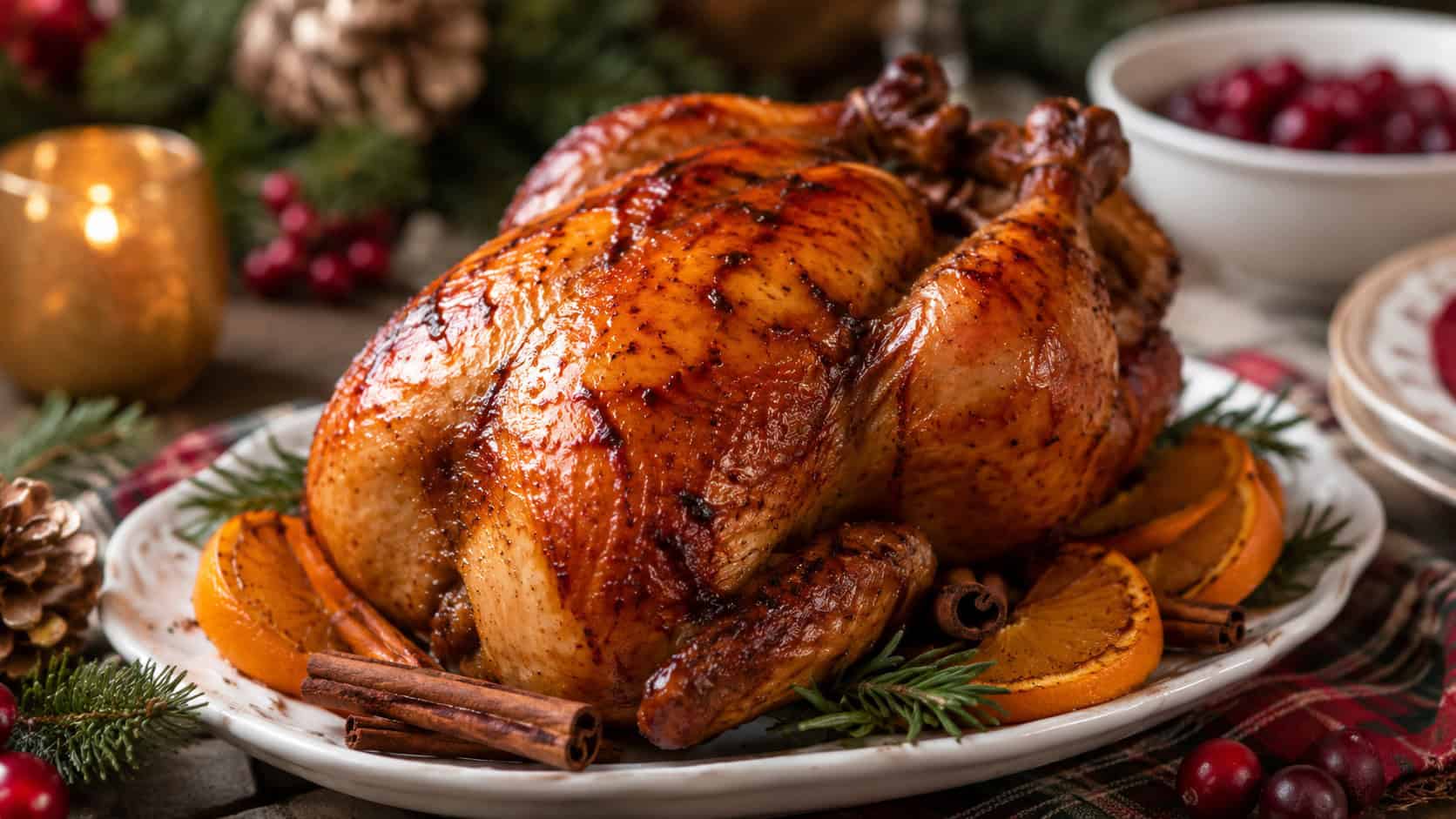a spiced orange glazed roast chicken on a platter in a wide horizontal shot, glossy burnished skin with orange slices and cinnamon sticks, on a festive holiday table, warm natural light, shallow depth of field, landscape orientation