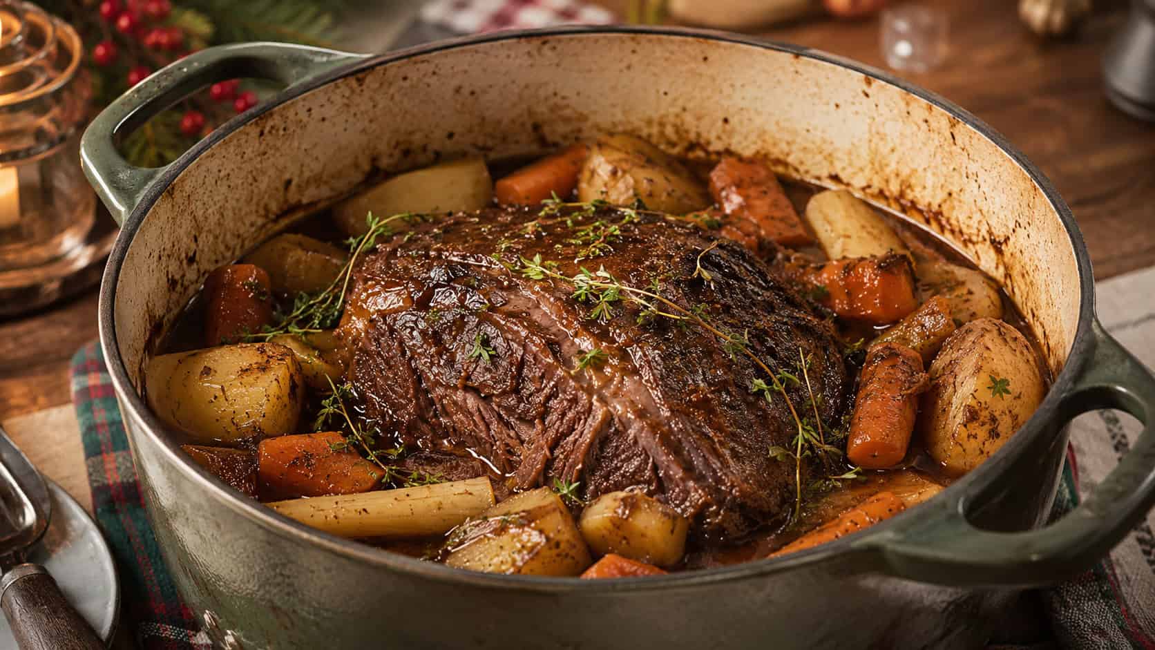 a root vegetable pot roast in a rustic Dutch oven in a wide horizontal shot, tender beef surrounded by carrots, parsnips and potatoes in glossy gravy, fresh thyme garnish, on a cozy holiday table, warm natural light, shallow depth of field, landscape orientation