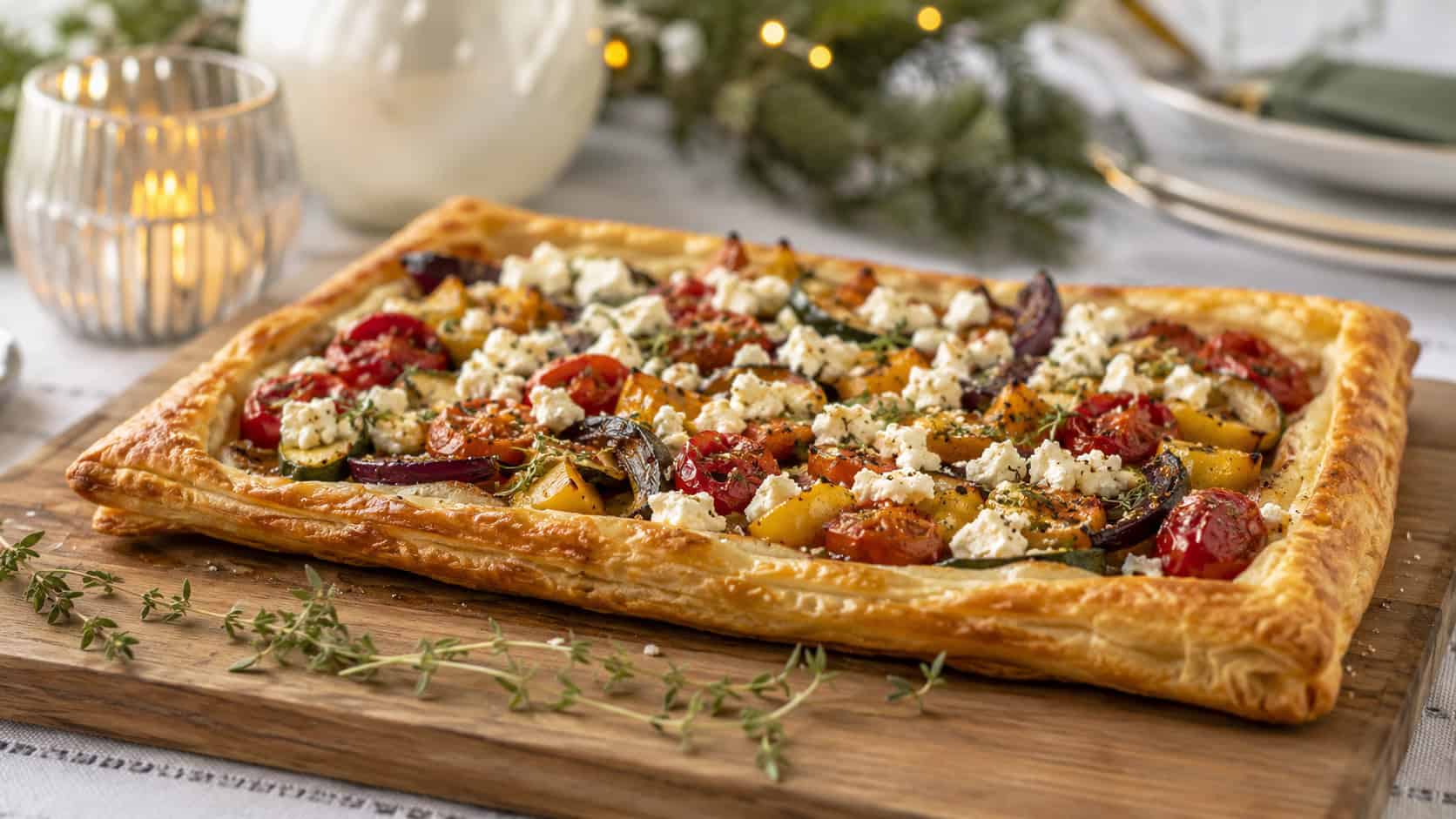 a roasted vegetable tart with feta on a wooden board in a wide horizontal shot, golden puffed pastry topped with colorful vegetables and crumbled feta, fresh thyme garnish, on a bright holiday table, natural light, shallow depth of field, landscape orientation