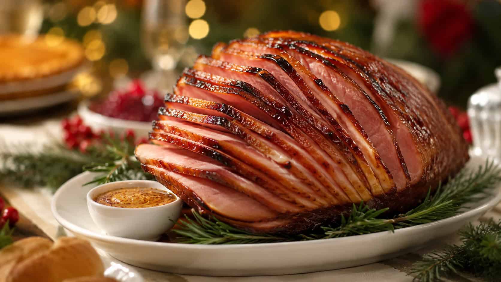 a glossy maple-glazed spiral ham on a platter in a wide horizontal shot, caramelized edges with a small bowl of mustard sauce, fresh rosemary garnish, on a festive holiday table, warm natural light, shallow depth of field, landscape orientation