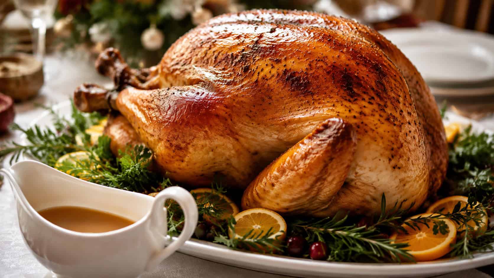 a golden roast turkey on a platter in a wide horizontal shot, crisp browned skin with a gravy boat alongside, fresh herbs and citrus garnish, on a festive holiday table, warm natural light, shallow depth of field, landscape orientation