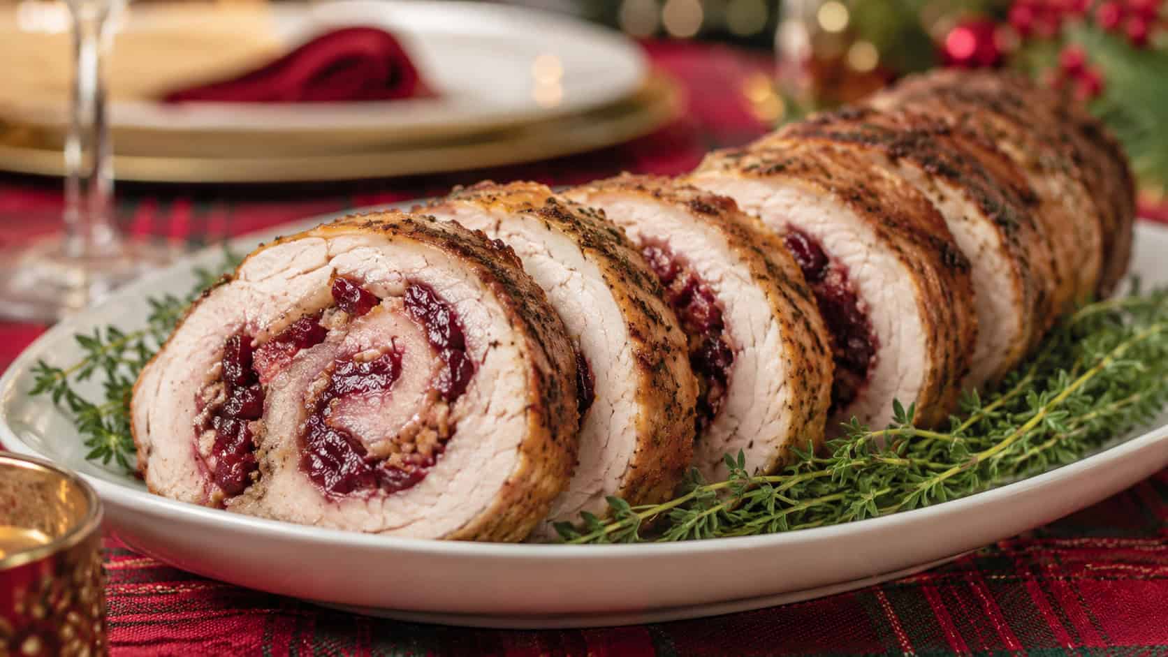 sliced stuffed pork loin on a platter in a wide horizontal shot, spiral of ruby cranberry apple chutney inside each round, fresh thyme garnish, on a festive holiday table, warm natural light, shallow depth of field, landscape orientation