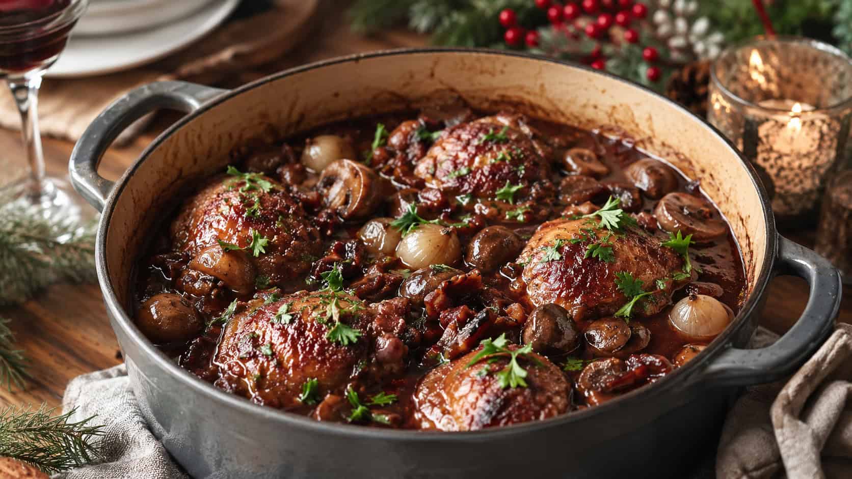 coq au vin in a rustic Dutch oven in a wide horizontal shot, glossy red wine sauce with mushrooms and pearl onions over chicken, fresh parsley garnish, on a cozy holiday table, warm natural light, shallow depth of field, landscape orientation