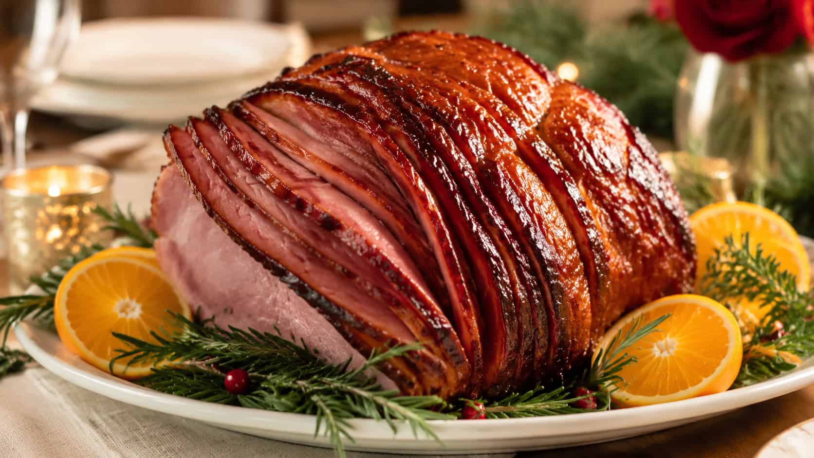 a bourbon-glazed spiral ham on a platter in a wide horizontal shot, deeply caramelized glossy edges, orange slices and rosemary alongside, on a festive holiday table, warm natural light, shallow depth of field, landscape orientation