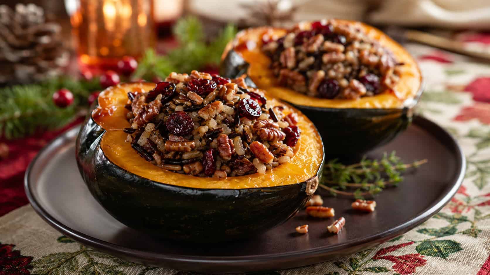 stuffed acorn squash halves filled with wild rice and cranberries on a dark plate in a wide horizontal shot, glossy edges and toasted pecans, on a festive table runner, warm natural light, shallow depth of field, landscape orientation