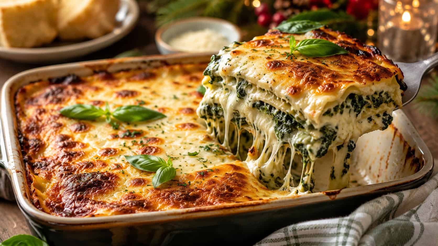 a bubbling three-cheese spinach lasagna in a baking dish in a wide horizontal shot, golden melty top with one slice lifted showing layers, fresh basil garnish, on a cozy holiday table, warm natural light, shallow depth of field, landscape orientation