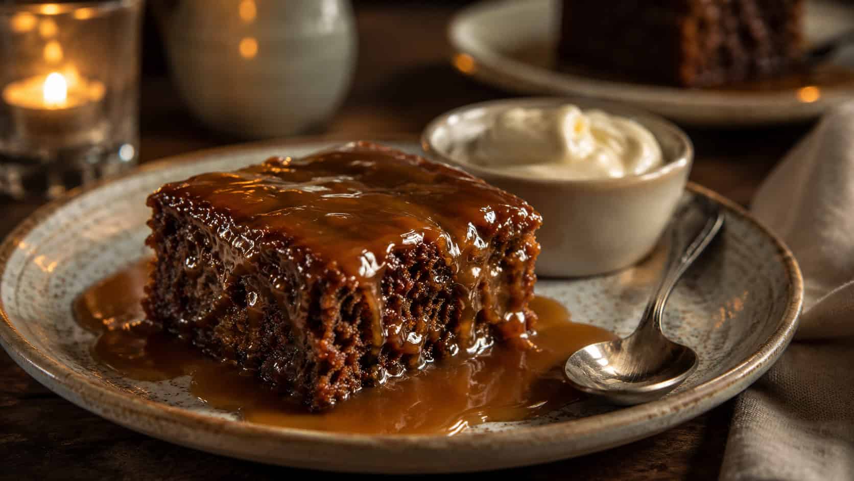a warm sticky toffee pudding square drenched in glossy toffee sauce arranged in a wide horizontal shot on a rustic plate, spoon and cream nearby on a cozy table, warm candlelight, shallow depth of field, landscape orientation