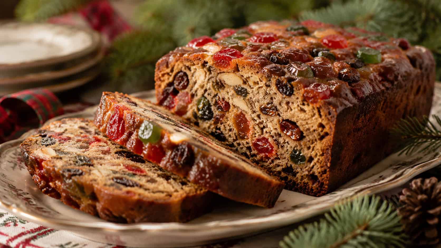 a sliced holiday fruitcake studded with colorful candied fruit and nuts arranged in a wide horizontal shot on a vintage platter, festive linen and pine on the table, warm natural light, shallow depth of field, landscape orientation