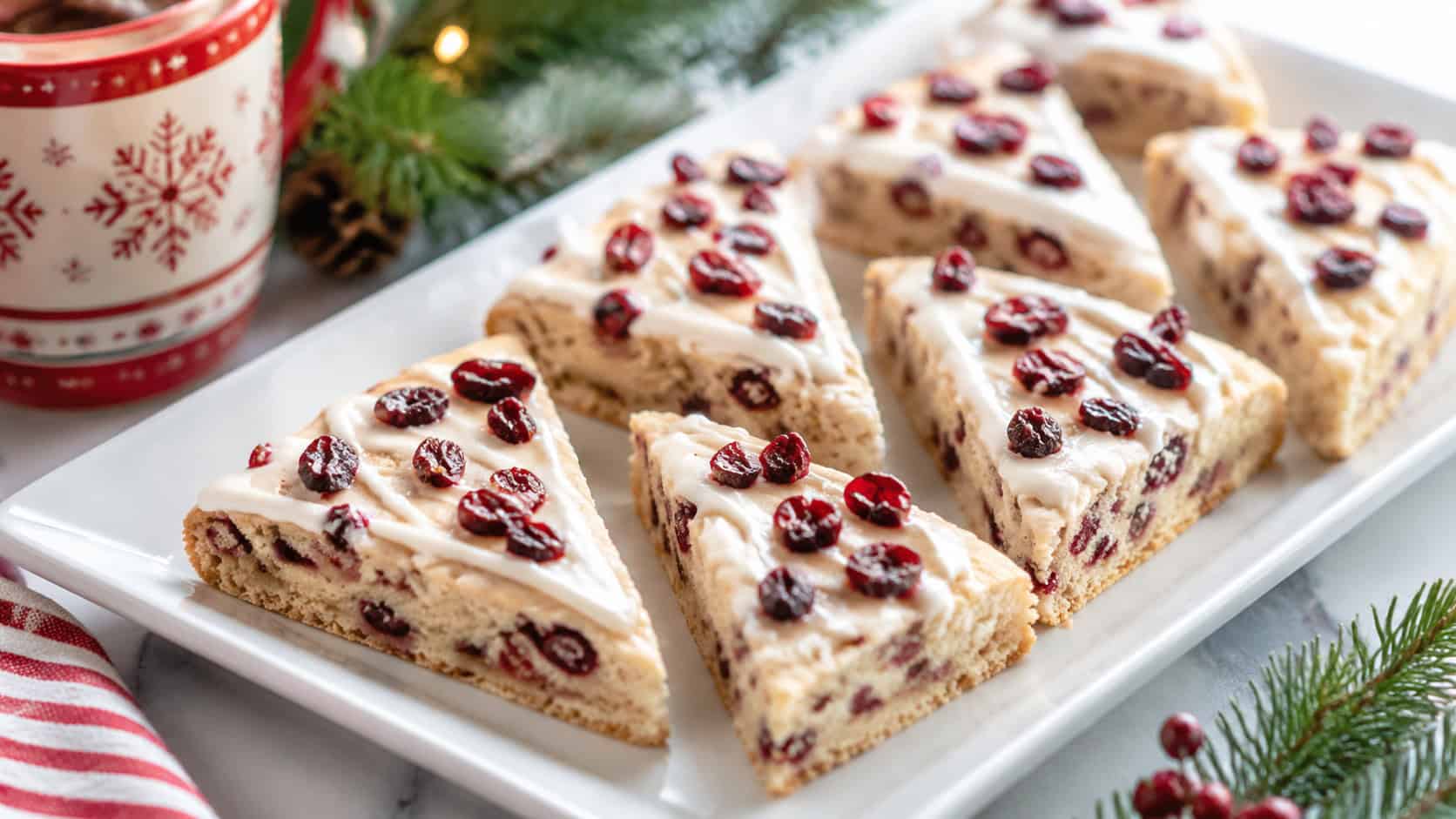 cranberry bliss bar triangles topped with cream cheese frosting and dried cranberries arranged in a wide horizontal shot on a white serving plate, holiday mug and greenery nearby, bright natural light, shallow depth of field, landscape orientation