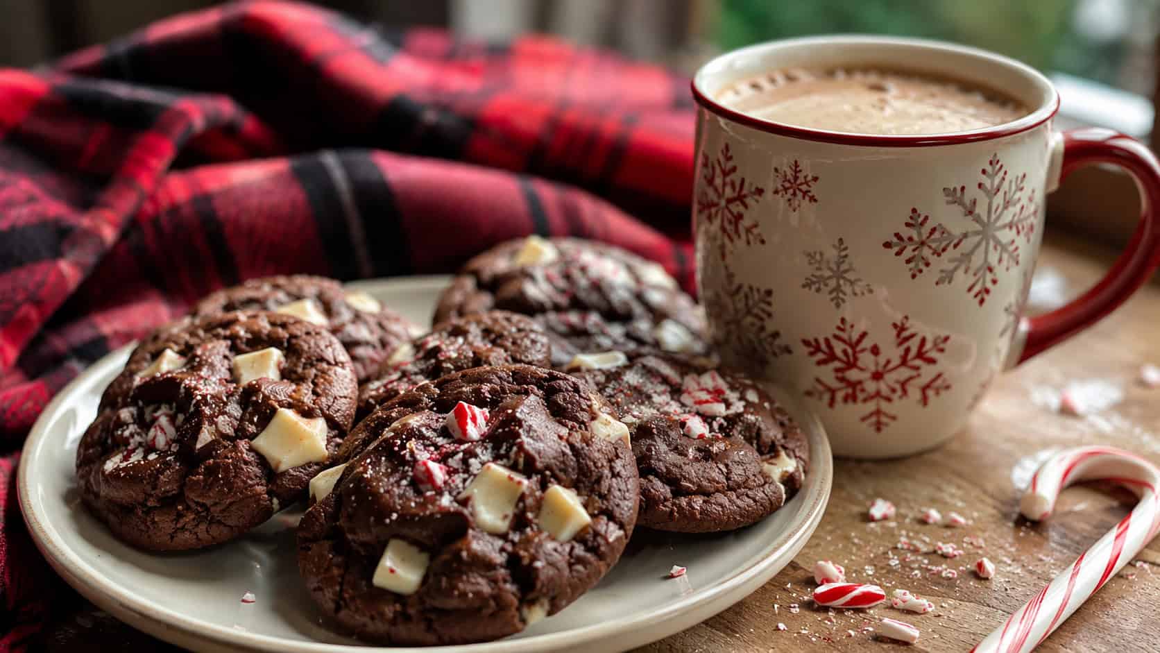 dark peppermint mocha cookies with melted white chocolate chips arranged in a wide horizontal shot beside a holiday coffee mug on a cozy table, crushed candy cane scattered nearby, warm natural light, shallow depth of field, landscape orientation