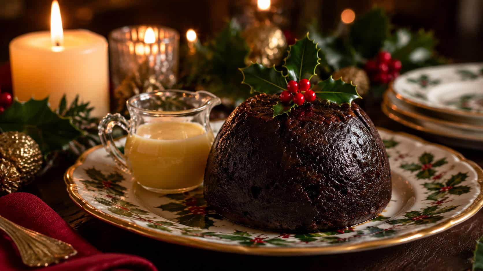a dark round Christmas pudding topped with a sprig of holly arranged in a wide horizontal shot on a festive platter, brandy sauce and candles nearby, warm candlelight, shallow depth of field, landscape orientation