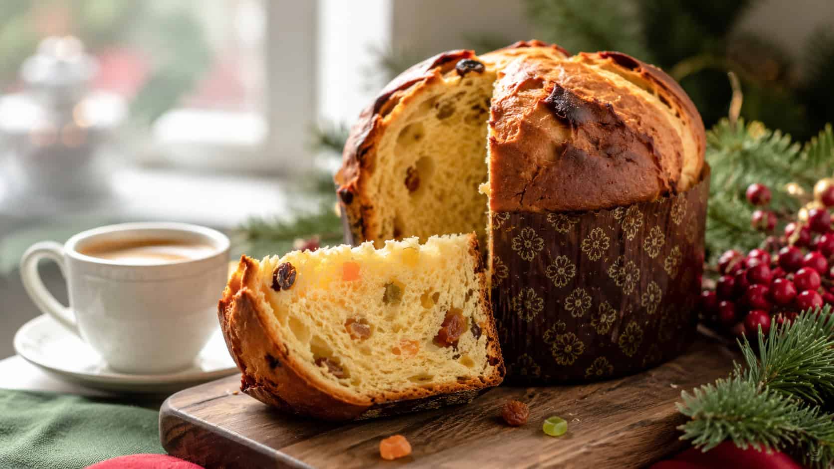 a tall golden panettone with a sliced piece showing candied fruit inside arranged in a wide horizontal shot on a wooden board, holiday coffee and greenery nearby, bright natural light, shallow depth of field, landscape orientation