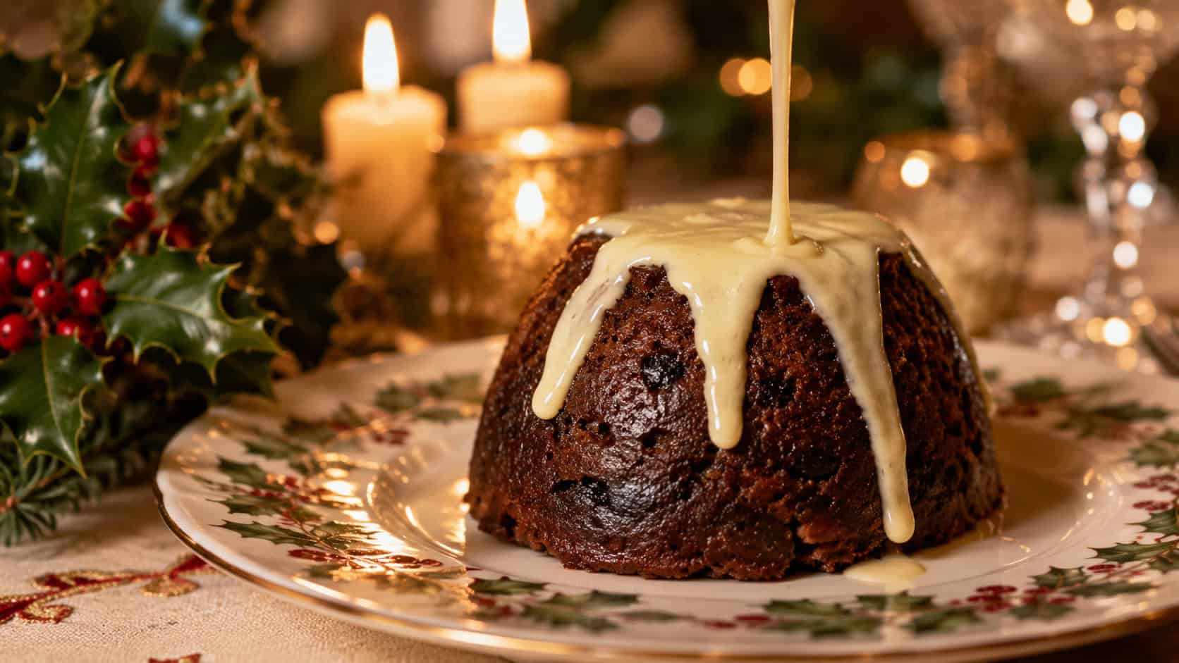 a turned-out figgy pudding with cream pouring over the top arranged in a wide horizontal shot on a festive plate, holly and candles in the background, warm candlelight, shallow depth of field, landscape orientation