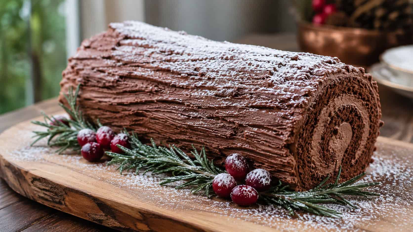 a chocolate yule log cake with bark-textured frosting and powdered sugar snow arranged in a wide horizontal shot on a serving board, rosemary sprigs and cranberries as garnish, soft natural light, shallow depth of field, landscape orientation