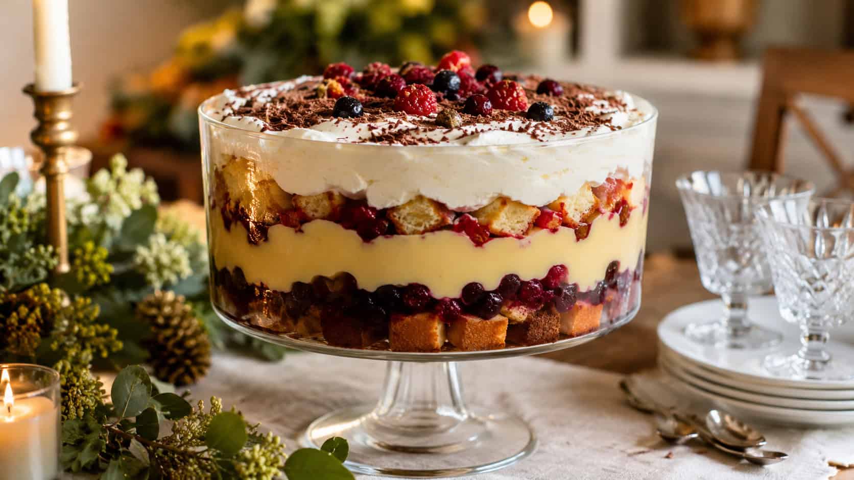 a layered sherry trifle in a tall glass bowl showing cake, berries, custard, and cream arranged in a wide horizontal shot on a festive table, candles and greenery nearby, warm natural light, shallow depth of field, landscape orientation