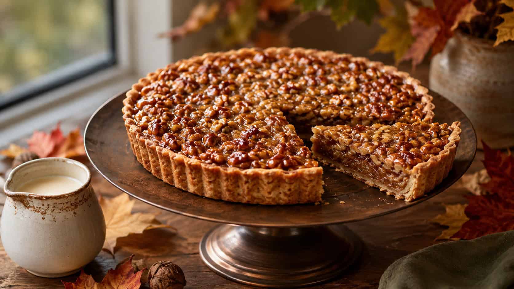 a maple walnut tart with a glossy nutty top and one slice cut arranged in a wide horizontal shot on a cake stand, autumn leaves and a small jug of cream nearby, warm natural light, shallow depth of field, landscape orientation