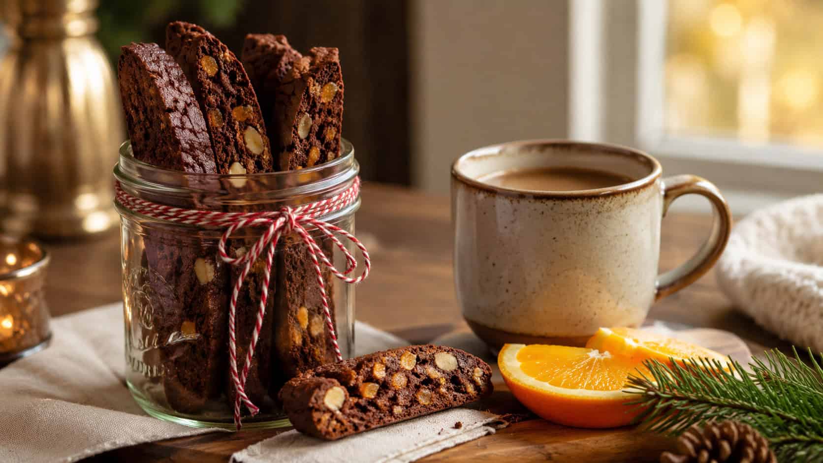 chocolate orange biscotti slices standing in a jar beside a coffee cup arranged in a wide horizontal shot on a cozy table, orange slices and pine sprigs nearby, warm natural light, shallow depth of field, landscape orientation