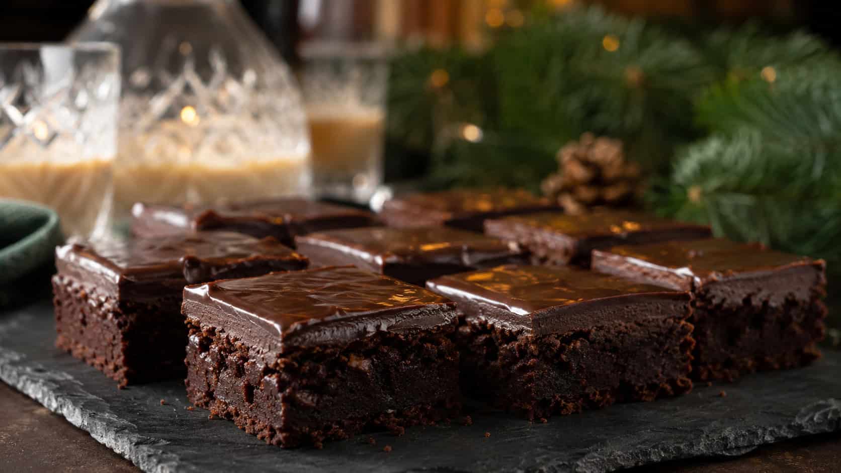 glossy ganache-topped Irish cream brownies arranged in a wide horizontal shot on a dark slate board, holiday glass and greenery in the background, moody warm light, shallow depth of field, landscape orientation