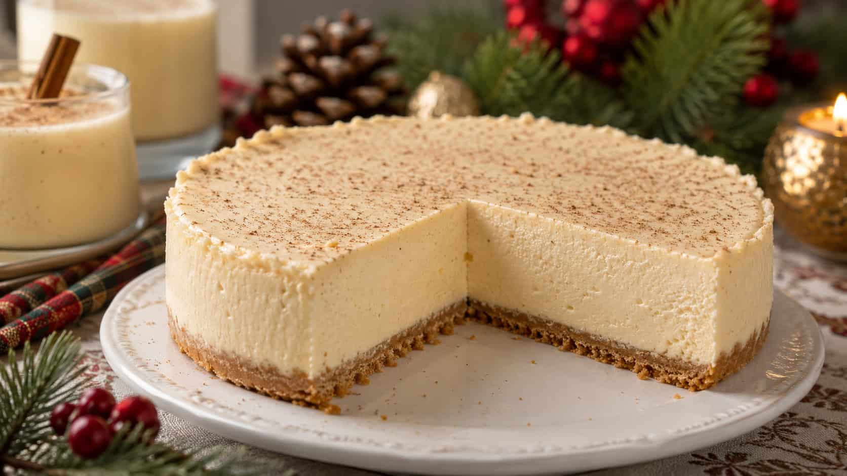 a creamy eggnog cheesecake with a slice removed showing the smooth interior, dusted with nutmeg, in a wide horizontal shot on a festive table with greenery, warm candlelight, shallow depth of field, landscape orientation