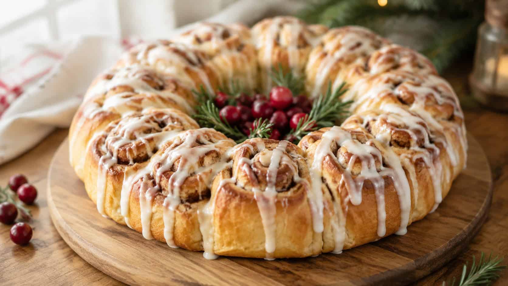 a golden pull-apart cinnamon roll wreath drizzled with white icing arranged in a wide horizontal shot on a round wooden board with cranberries and rosemary tucked in the center, bright morning light, shallow depth of field, landscape orientation
