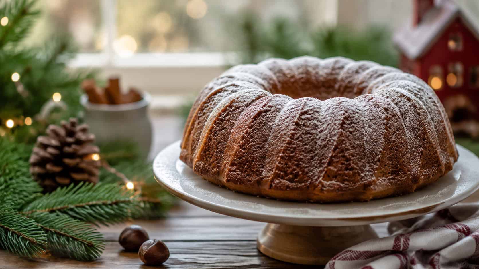 a chestnut-spice bundt cake dusted with powdered sugar arranged in a wide horizontal shot on a cake stand, cozy holiday table with pine and warm lights, natural light, shallow depth of field, landscape orientation