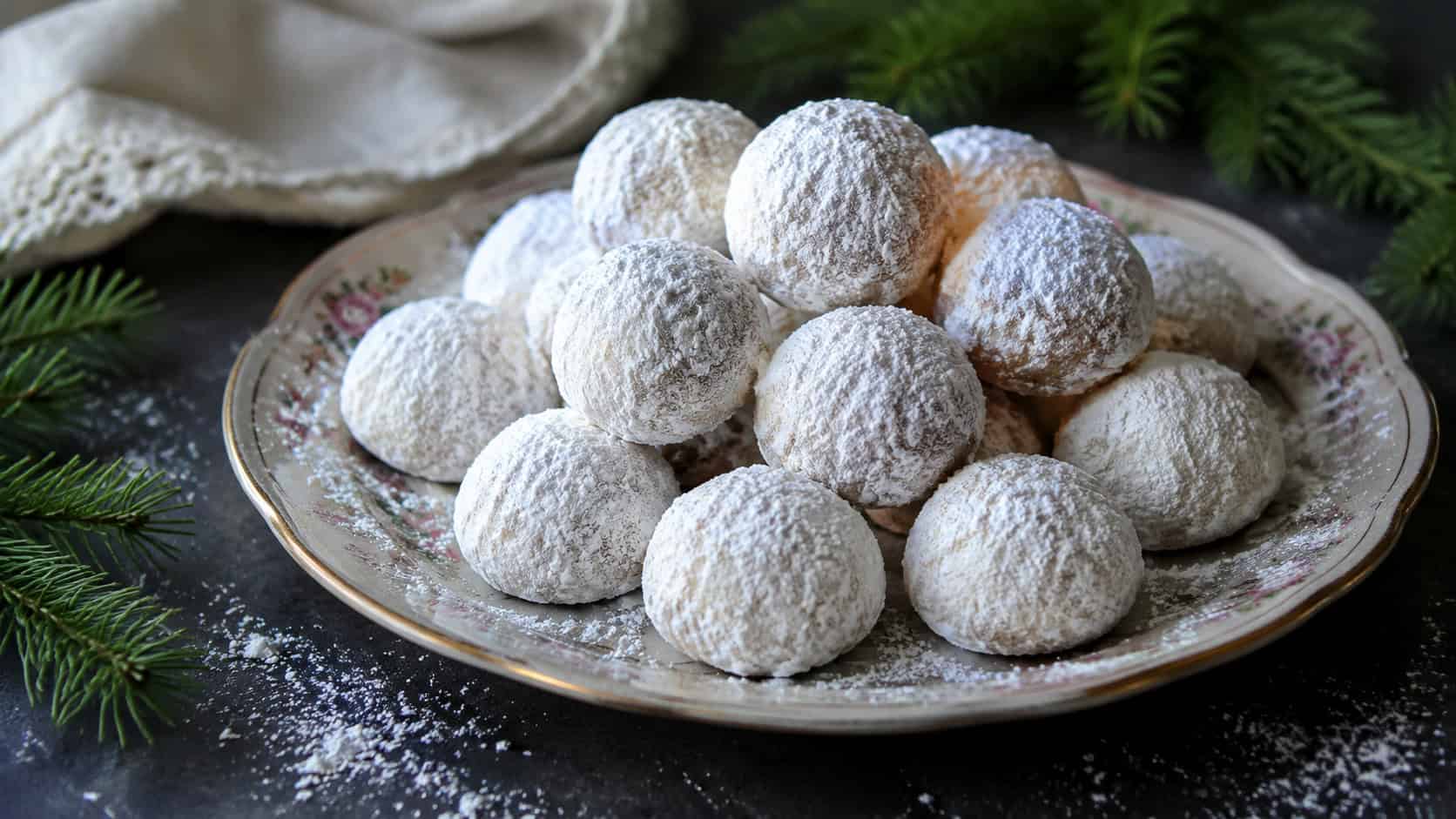 a pile of round powdered-sugar snowball cookies arranged in a wide horizontal shot on a vintage plate, dusting of sugar on a dark surface with evergreen sprigs, soft natural light, shallow depth of field, landscape orientation