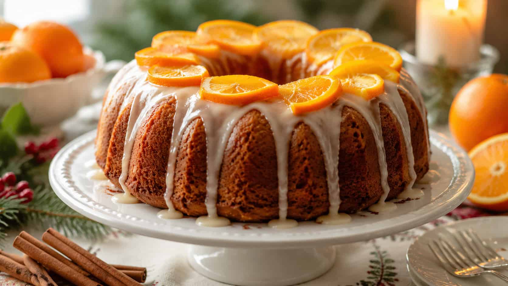 a glazed spiced orange bundt cake with orange slices on top arranged in a wide horizontal shot on a white cake stand, cinnamon sticks and citrus on a festive table, bright natural light, shallow depth of field, landscape orientation