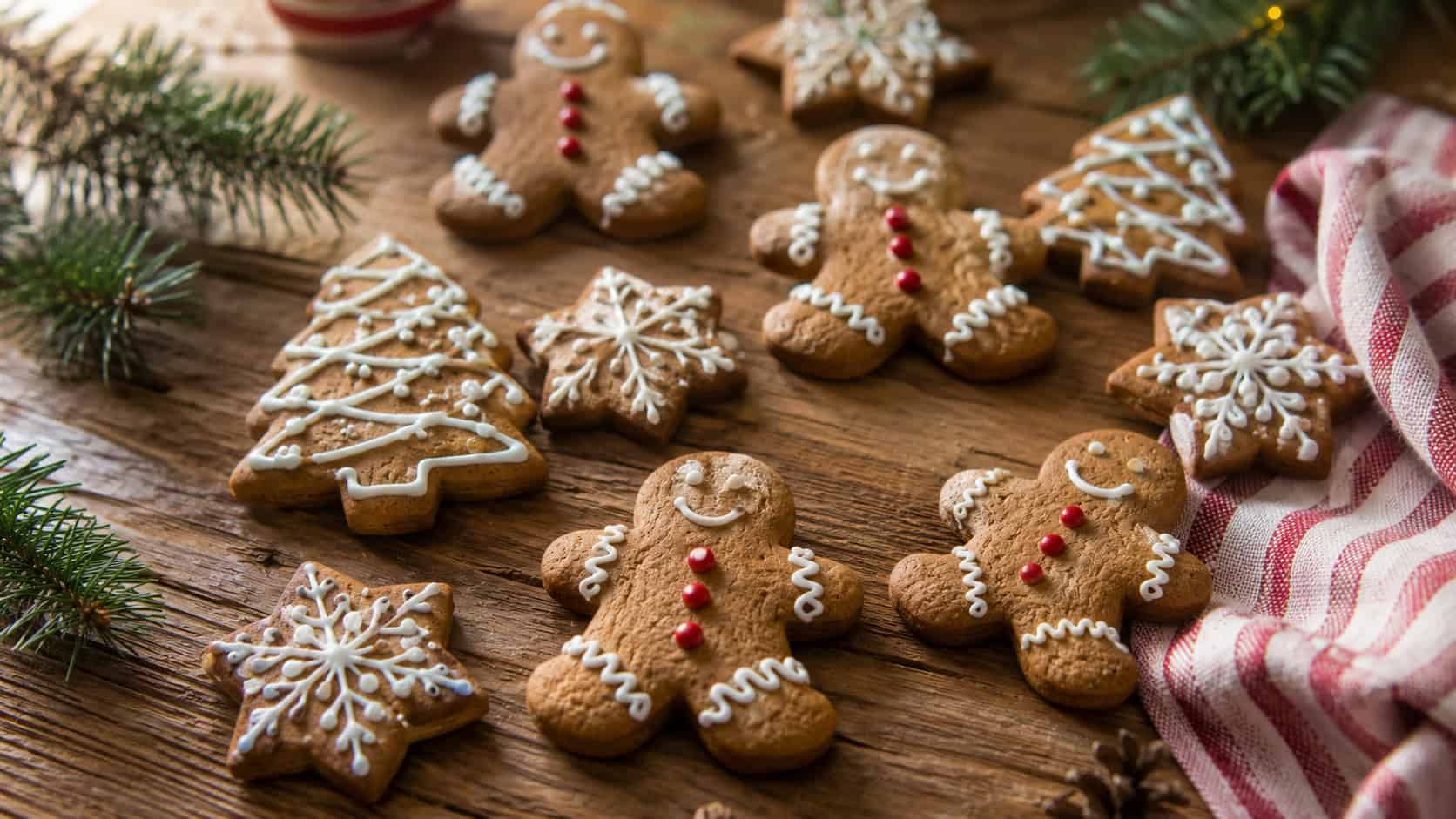 decorated gingerbread cookies scattered across a wooden table in a wide horizontal shot, white royal icing details and red candy buttons, sprigs of pine and a striped napkin alongside, soft natural window light, shallow depth of field, landscape orientation