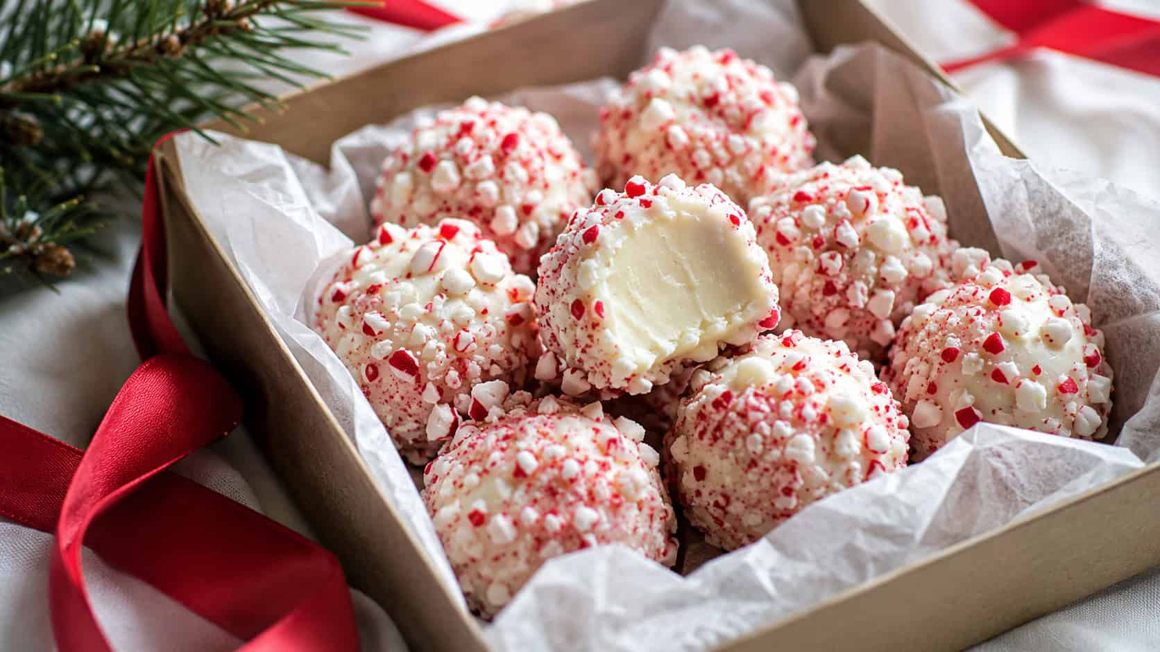 candy cane truffles arranged in a paper-lined gift box in a wide horizontal shot, creamy white centers coated in crushed red and white candy, a satin ribbon and pine sprig alongside, soft natural light, shallow depth of field, landscape orientation