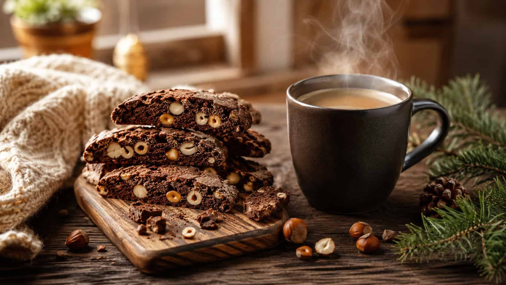 chocolate hazelnut biscotti stacked beside a steaming mug of coffee in a wide horizontal shot, dark crunchy slices studded with hazelnuts, a cozy knit cloth and pine on the table, warm morning light, shallow depth of field, landscape orientation