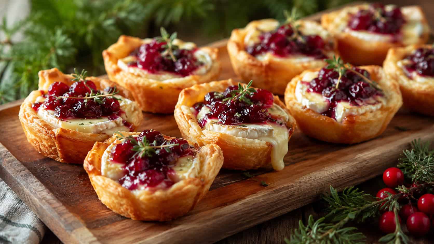 brie and cranberry tarts arranged on a wooden serving board in a wide horizontal shot, golden puff pastry cups oozing melted cheese topped with ruby cranberry and green thyme, festive greenery nearby, warm natural light, shallow depth of field, landscape orientation
