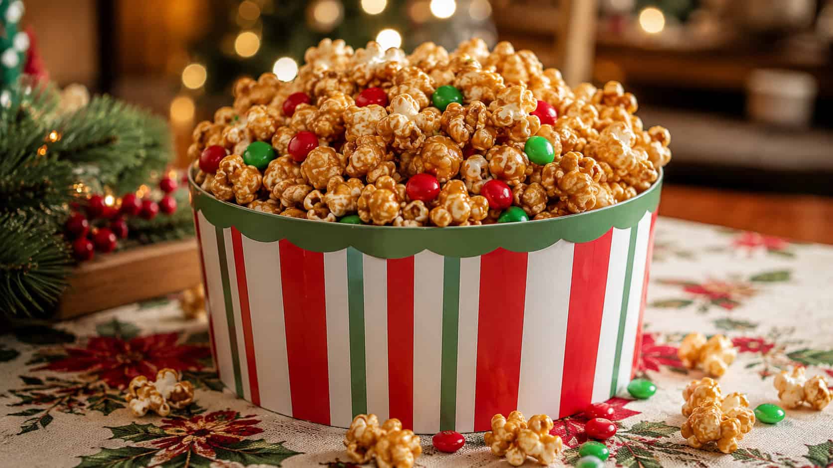 festive caramel corn heaped in a striped paper tub in a wide horizontal shot, glossy amber popcorn studded with red and green candies, scattered pieces on a holiday tablecloth, warm inviting light, shallow depth of field, landscape orientation