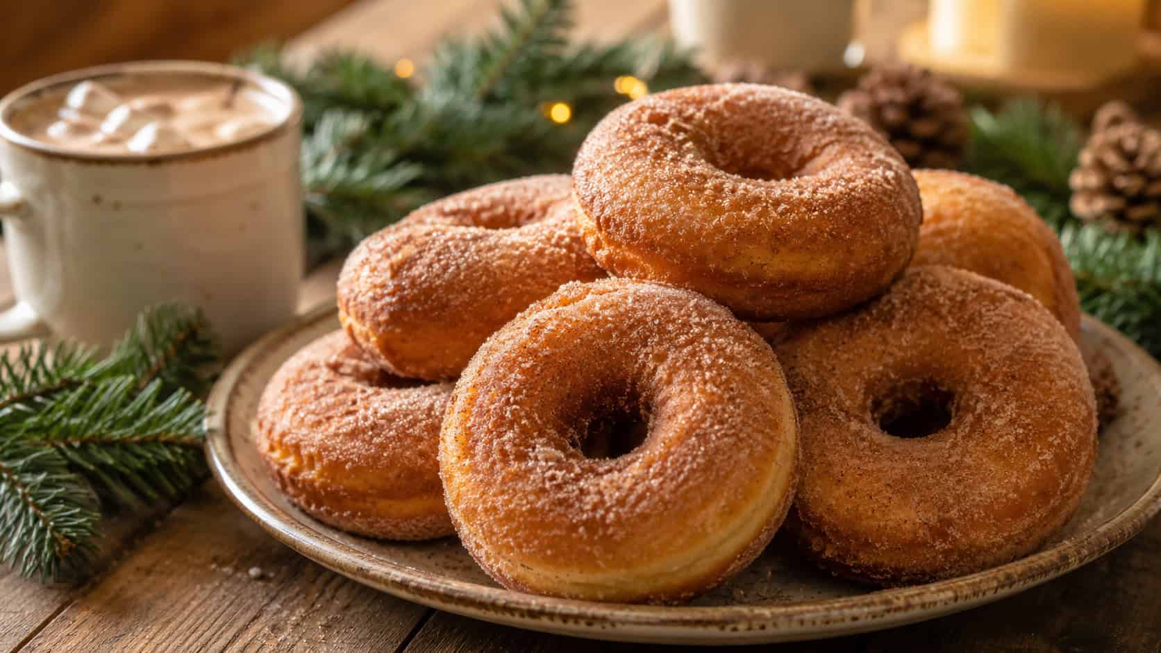 cinnamon sugar donuts piled on a rustic plate in a wide horizontal shot, fluffy rounds dusted in sparkling sugar, a mug of cocoa and pine garland in the background, soft warm morning light, shallow depth of field, landscape orientation