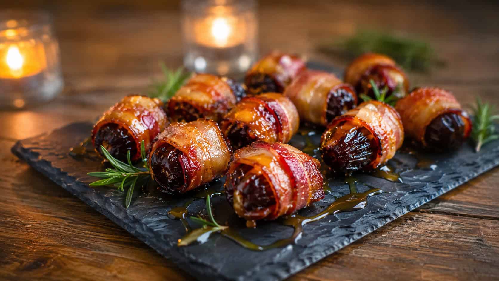 bacon-wrapped dates arranged on a small slate platter in a wide horizontal shot, glossy crisp bacon around soft dark dates, a drizzle of honey and rosemary garnish, warm candlelit glow, shallow depth of field, landscape orientation