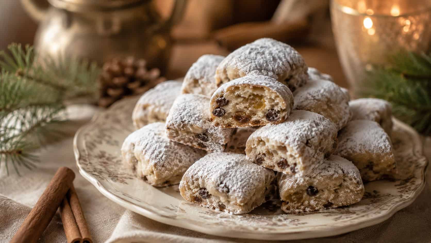 powdered-sugar stollen bites mounded on a vintage plate in a wide horizontal shot, soft golden fruit-studded buns under a heavy dusting of sugar, cinnamon sticks and pine on a linen cloth, warm cozy light, shallow depth of field, landscape orientation