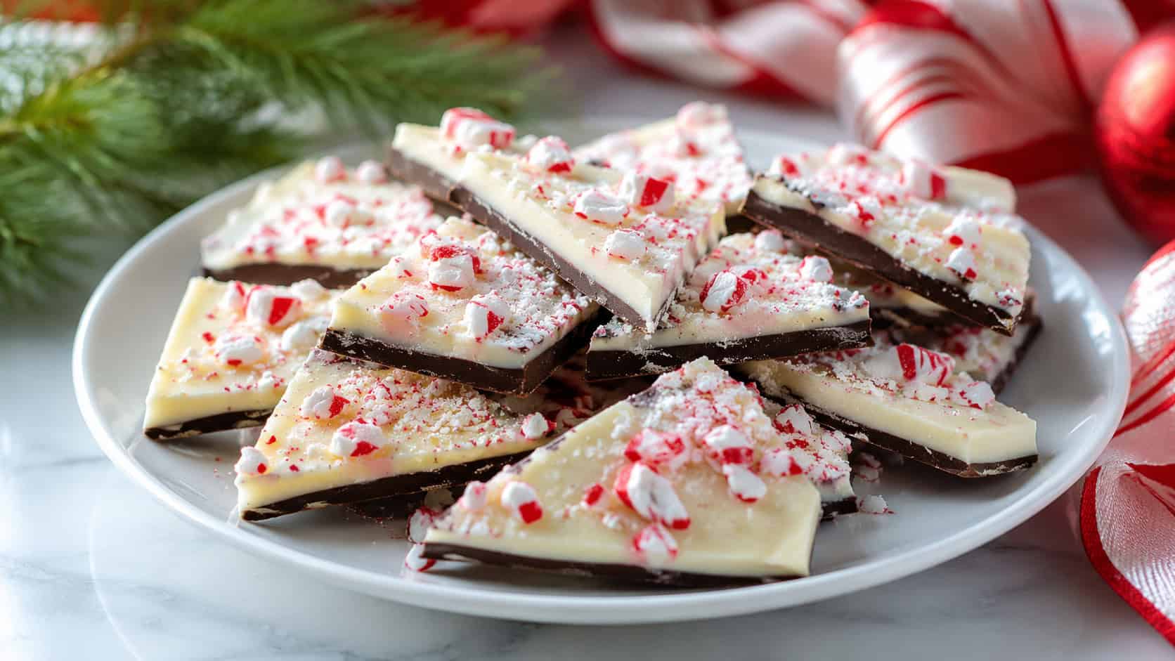 broken peppermint bark pieces piled on a white ceramic plate in a wide horizontal shot, glossy dark and white chocolate layers topped with red and white candy cane bits, festive ribbon and pine nearby, bright natural light, shallow depth of field, landscape orientation